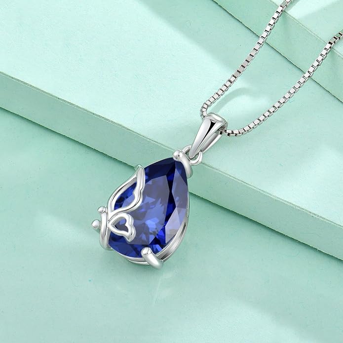Teardrop Necklace 925 Sterling Silver Butterfly Pendant Necklace Birthstone Jewelry for Women