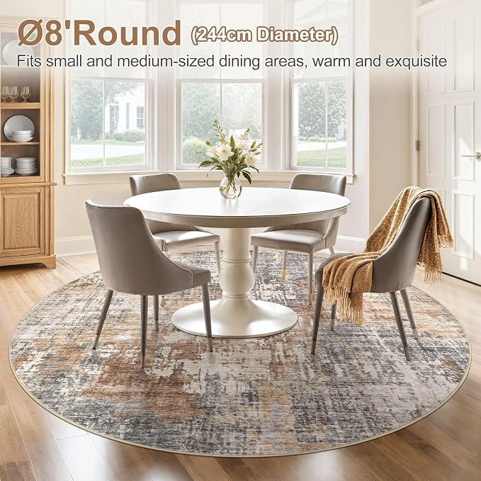 DMOYEST 8ft Round Area Rug Living Room Rugs - 8x8 Washable Large Soft Indoor Neutral Modern Abstract Low Pile Rug Carpet for Bedroom Dining Room Farmhouse Home Office - Grey Brown