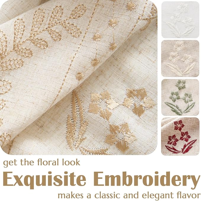 jinchan Floral Linen Curtains 84 Inch Farmhouse Back Tab 2 Panels Beige | Embroidered curtains,boho curtains,living room,bedroom,light filtering,privacy,flower patterned drapes,window treatment