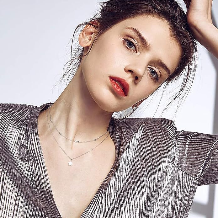 Layered Choker Necklaces for Women S925 Sterling Silver Circle/Heart/Cross/Star Multi Layered Necklace Handmade Bead Chain Adjustable Jewelry for Birthday