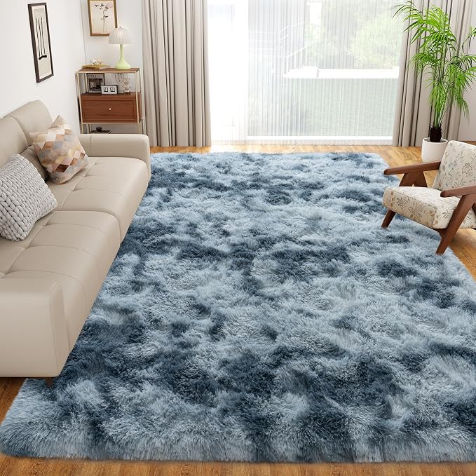 6x9 Area Rugs for Living Room, Dark Blue Tie-Dyed Plush Fluffy Carpet | Upgrade Non-Slip Thick Large Blue Area Rug for Nursery Kids Room Dorm Room Home Decor, Indoor Plush Floor Carpet