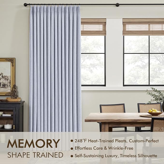 MIULEE Chambray Blue Pinch Pleated 100% Blackout Linen Curtains 96 Inch Length 2 Panels Set, Black Out Memory Trained Pleat Curtains Light Blocking Room Darkening Drapes for Bedroom Living Room Window