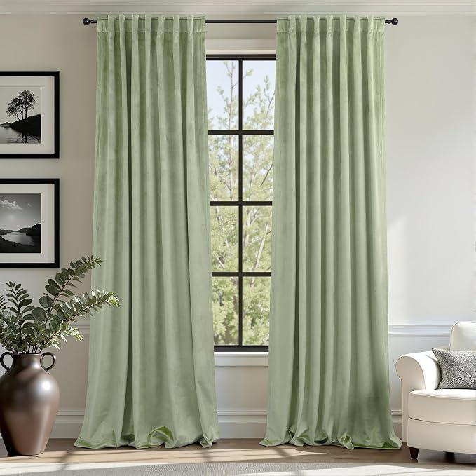 Sage Green Boho Velvet Curtains 90 Inches Long for Living Dining Room Divider Super Soft Textured Heritage Plush Mid Century Modern Farmhouse Drapes for Nursery Kids Bedroom Vintage Victorian 2 Panels