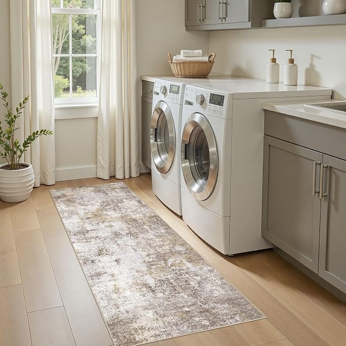 Machine Washable Runner Rug 2x6, Non Slip Soft Rug for Hallway | Modern Abstract Carpet, Stain Resistant and Pet Friendly, Joint-Friendly Indoor Rug, Made for Kitchen, Bathroom - Gold Brown