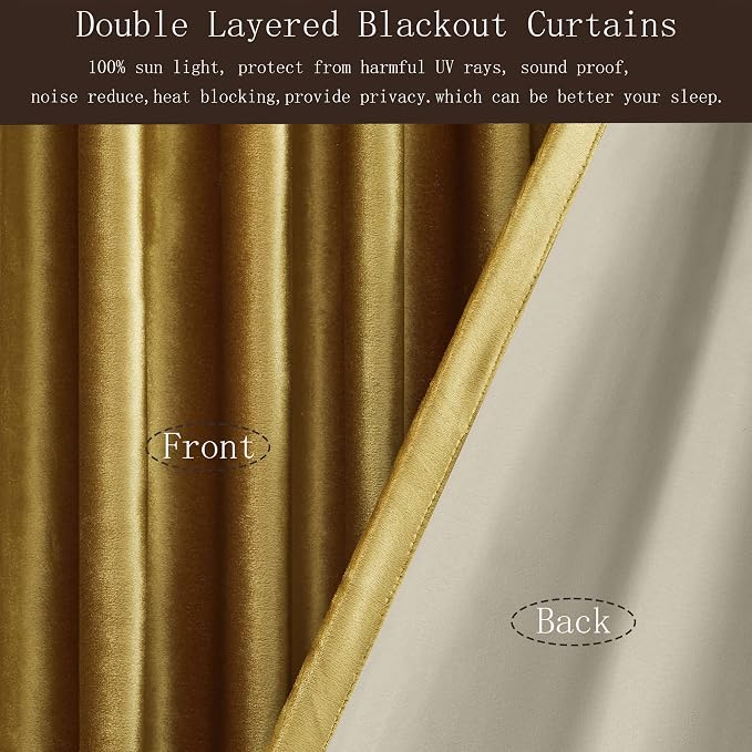 Gold Blackout Velvet Curtains 108 inch for Living Room,Full Blackout Elegant 2 Panels Back Tab Thermal Insulated Room Darkening Liner Curtain Heavy Noice Reducing Soundproof Window Drapes for Bedroom