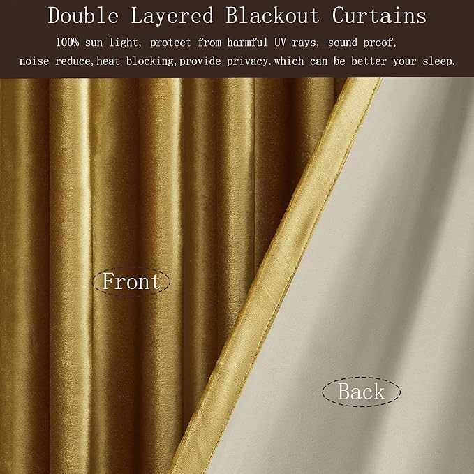100% Blackout Gold Velvet Curtains 63 inches for Living Room,2 Panels Rod Pocket Back Tab Thermal Insulated Room Darkening Curtain with Liner Heavy Noice Reducing Soundproof Window Drapes for Bedroom