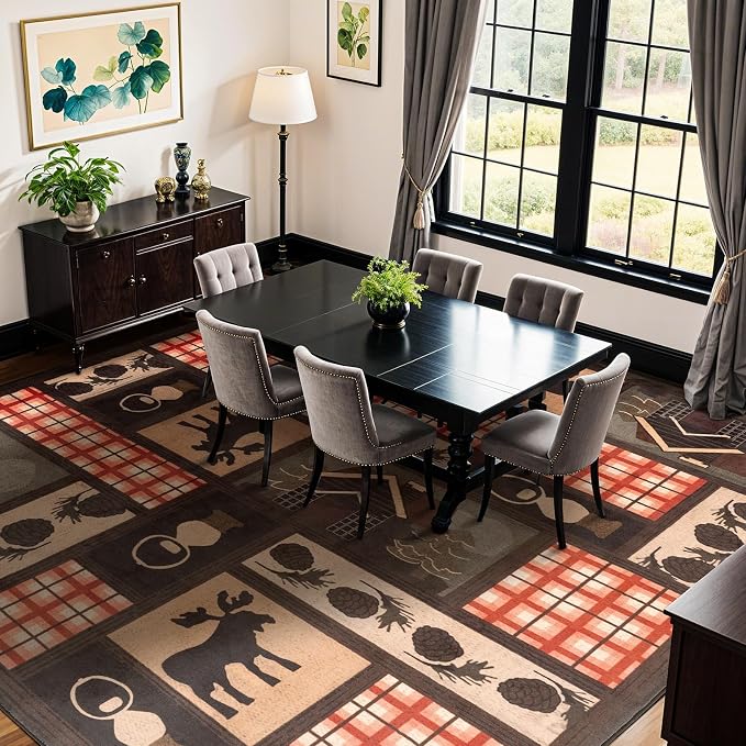LIANLAM 9x12 Washable Area Rugs for Living Room and Bedroom(9x12,Deer) | Non-Slip Large Carpet,Vintage Checkered Pattern, Stain Resistant Faux Wool Low Pile Soft Rug for Dining Room,Office,Nursery