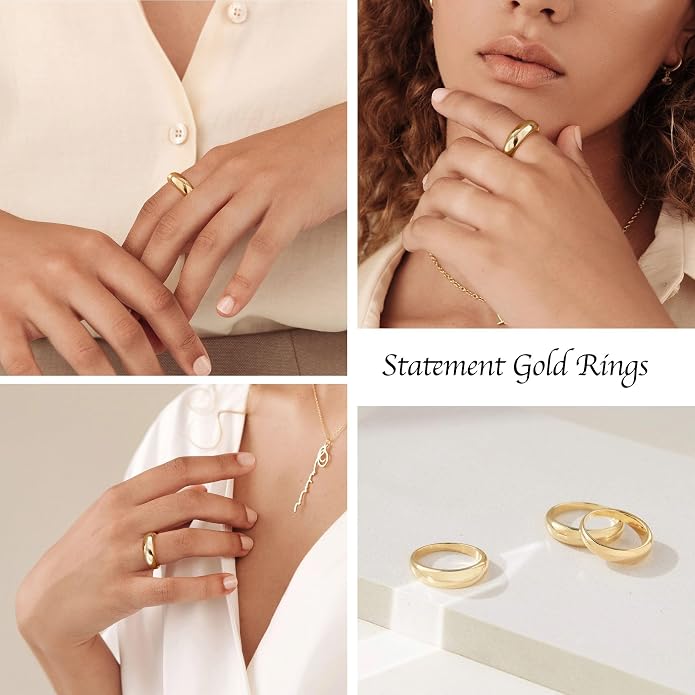 Non Tarnish Gold Chunky Rings for Women, 14K Gold Plated Statement Dome Rings Stacking Silver, Adjustable Mens Eternity Wedding Band Mixed Metal Jewelry Size 3-13