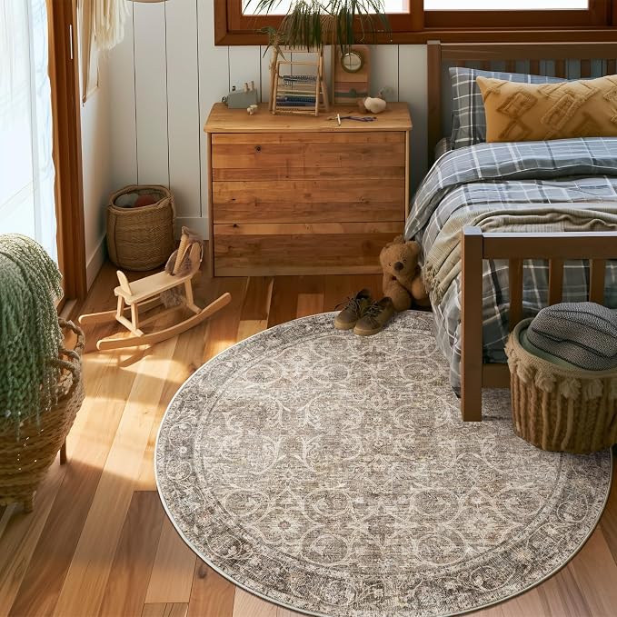 Machine Washable Rugs for Living Room: 4x4 Area Rugs for Bedroom Ultra Soft Non-Slip Low Pile Vintage Boho Large Carpet for High-Traffic Dining Room - Farmhouse Decor