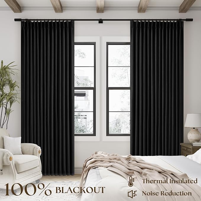 Black 100% Blackout Pinch Pleat Linen Curtains 108 Inches Long for Bedroom | Black Out Curtains Lined 2 Layers, Memory Shape, Noise Reducing, Room Darkening, for Living Room Window, W40xL108 2 Panels