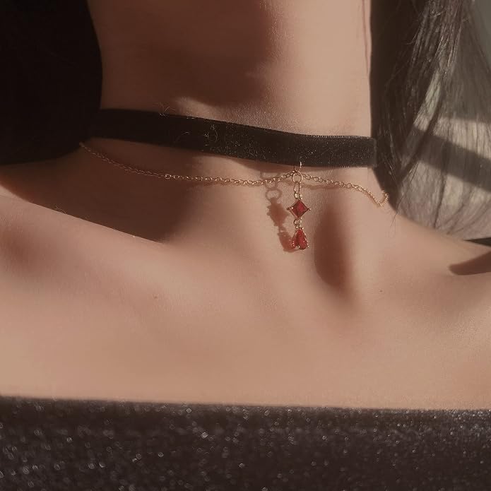 MOMOCAT Black Velvet Red Pendant Choker Necklace for Women Gothic Lace Chokers Necklace Witch Bride Vampire Accessories Aesthetic kawaii Jewelry for Women Teen Girls