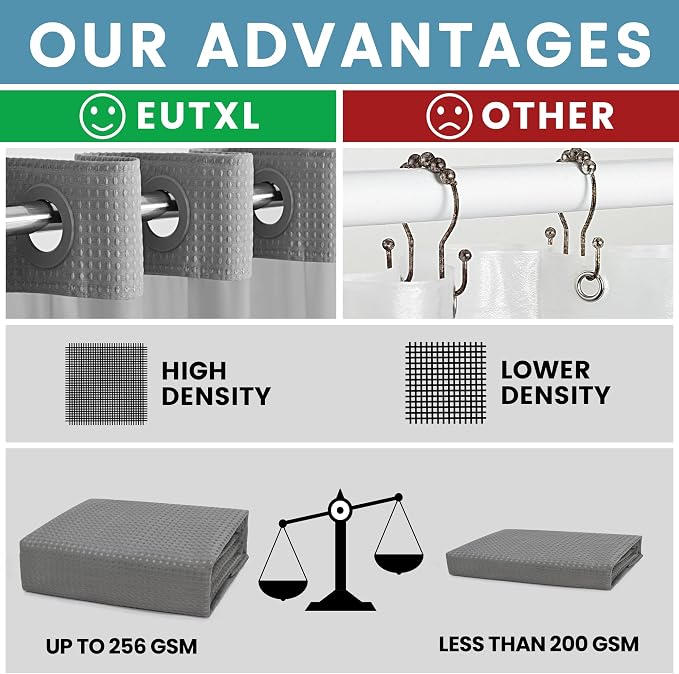 EUTXL Heavyweight Extra Long No Hook Shower Curtain with Snap in Liner,256GSM Waffle Weave Shower Curtains for Bathroom,71W x 98H,Grey