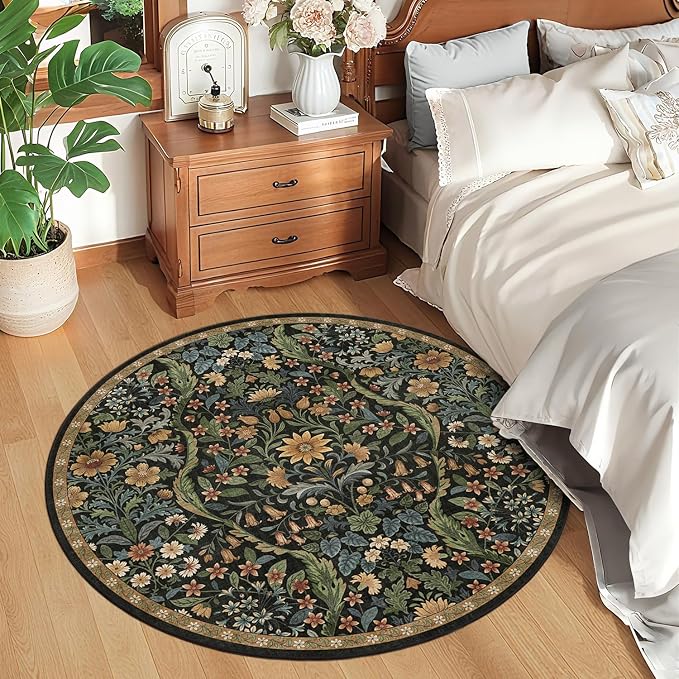 Round Rug 4ft Black Brown Washable Floral Circle Rug,Vintage Boho Botanical Round Area Rugs, Non-Slip Soft Low-Pile Circular Carpet for Bedroom,Kids Room,College Dorm,Home Decor