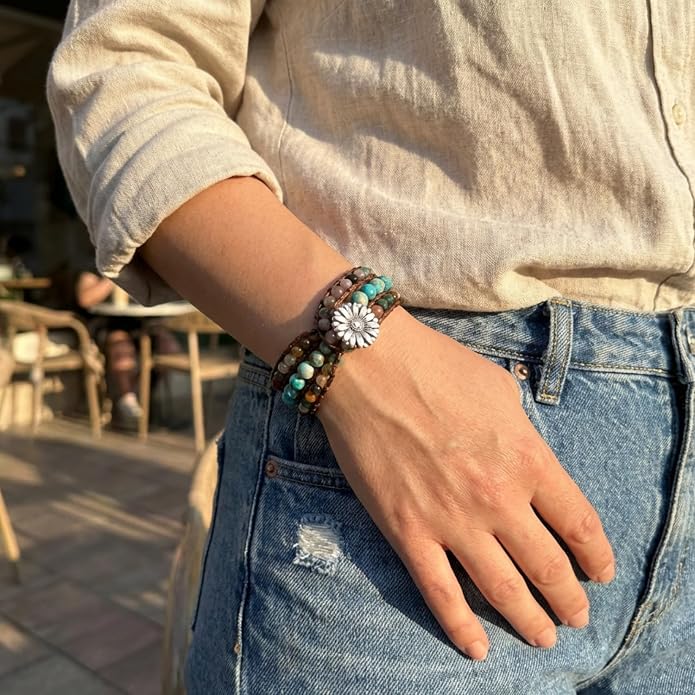 YGLINE Boho Handmade Natural Stone Bead 3 Row Wide Wrap Wrist Statment Bracelet Jewelry Collection