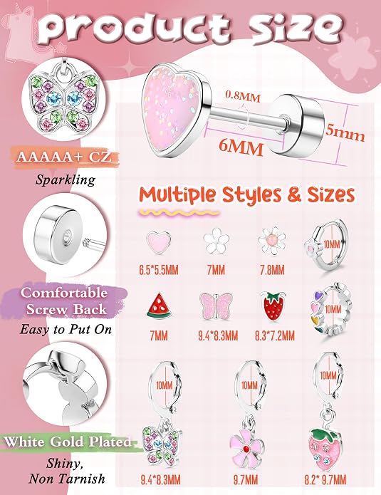 YADOCA 11 Pairs Hypoallergenic Earrings for Girls Women Surgical Steel Flat Back Stud Earrings Dangle Huggie Hoop Cute Heart Butterfly Flower Strawberry Screwback Earring Set Toddler Jewelry Gift