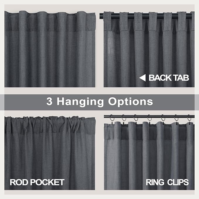 Dark Gray Curtains 108 Inches Long 2 Panels Set for Patio Door 2 Panels Rod Pocket Semi Sheer Linen Lightweight Drapes Charcoal Grey Cotton Textured 9ft Curtain for Dining Room Bedroom Playroom 52x108
