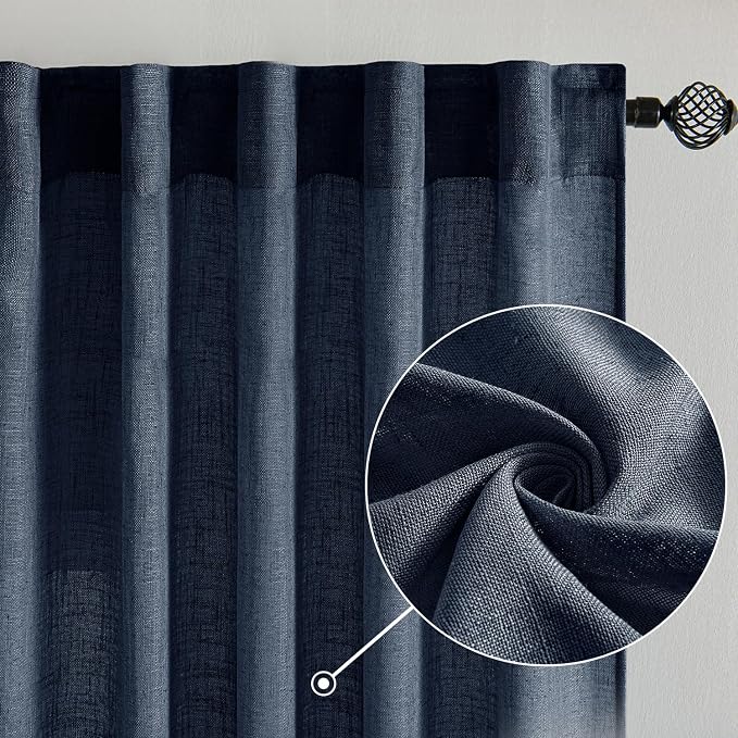 MIULEE Navy Blue Linen Curtains 90 Inch Length 2 Panels for Bedroom Living Room, Soft Thick Linen Textured Natural Window Drapes Semi Sheer Light Filtering Back Tab Rod Pocket Burlap Look Decor