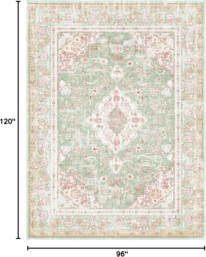 Vhong Washable Area Rugs Boho Vintage Modern Neutral Large Carpet Green and Pink High Traffic Rugs 8×10 for Dinning Room Living Room Bedroom Farmhouse Non Slip