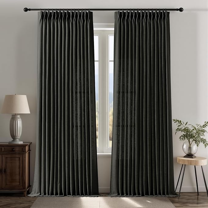 IVAPUPU Black Pinch Pleated Curtains 96 Inches Long for Living Room, Semi Sheer Privacy Linen Curtain Memory Trained Back Tab Drapes with Hooks Rings for Farmhouse Dining Room, 2 Panels, W40xL96