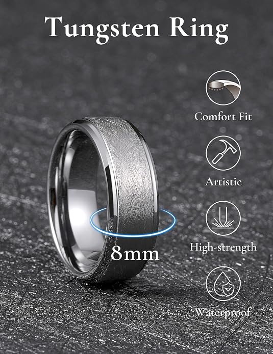 King Will Classic Tungsten Carbide Ring Brushed Two Grooved Center Hammered Design Mens Wedding Band for Men
