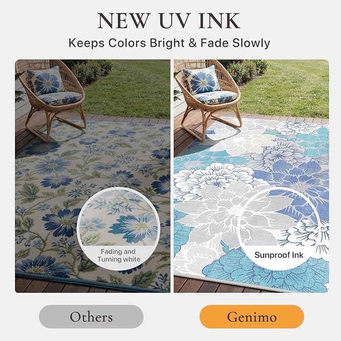 GENIMO 6x9 Outdoor Rug, Washable for Patio and Deck, Aqua Grey | Floral design for dining area; fade resistant chenille with quick-dry non-slip backing for indoor sunroom
