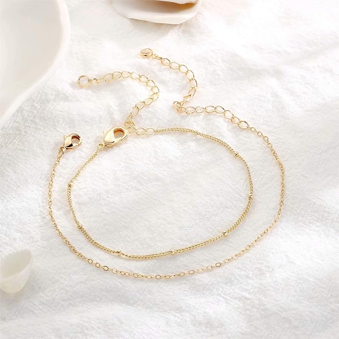 Dainty Gold Bracelets for Women, 14K Gold Plated Adjustable Layered Beads Bracelet Cute Evil Eye Oval Chain Pearl Bar Turtle Gold Bracelets for Women Jewelry