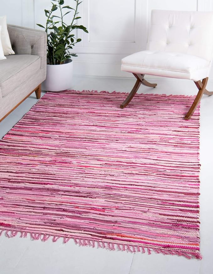 Unique Loom Chindi Cotton Collection Hand Woven Natural Fibers Area Rug_CCH002, 8 ft x 10 ft, Pink/Ivory