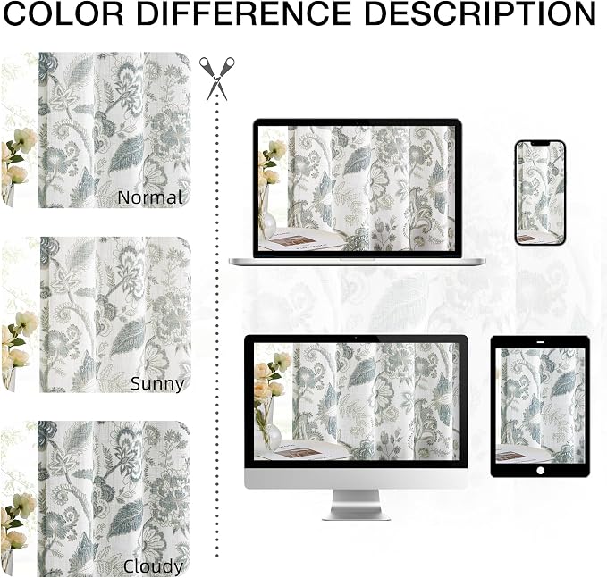 Kayne Studio Backtab Rod Pocket Jacobean Floral Semi Sheer Curtains Botanical Leaf Printed Vintage Farmhouse Blue Grey Light Filtering Window Treatment Sets Living Room Bedroom,52"x90",2 Panels