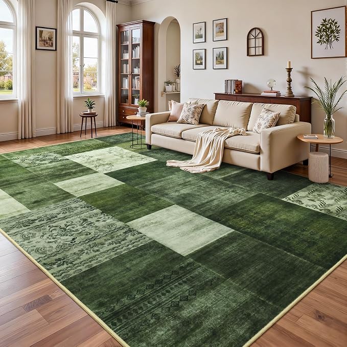 DweIke Washable Area Rugs 8x10 for Living Room, Large Modern Geometric Green Soft Patchwork Carpet, Non-Slip Stain Resistant Throw Rug for Bedroom Dining Room Office Home Decor