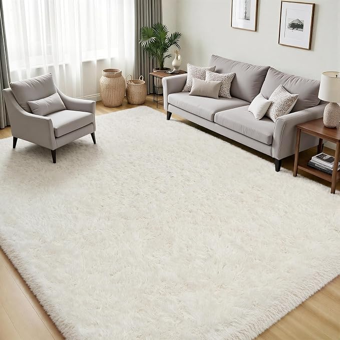 Area Rug for Living Room Bedroom: 6x9 White Soft Fluffy Shag Upgrade Non-Slip High Pile Carpet Large Fuzzy Plush Indoor Floor Decor Shaggy Rug for Kid Boys Girls Dorms Playroom Nursery Modern Home