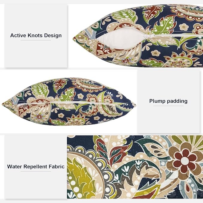 Outdoor Throw Pillows 16x16 Inch, Water Repellent Patio Pillows with Inners Set of 2 for Patio Furniture Home Graden, Paisley Sapphire Blue