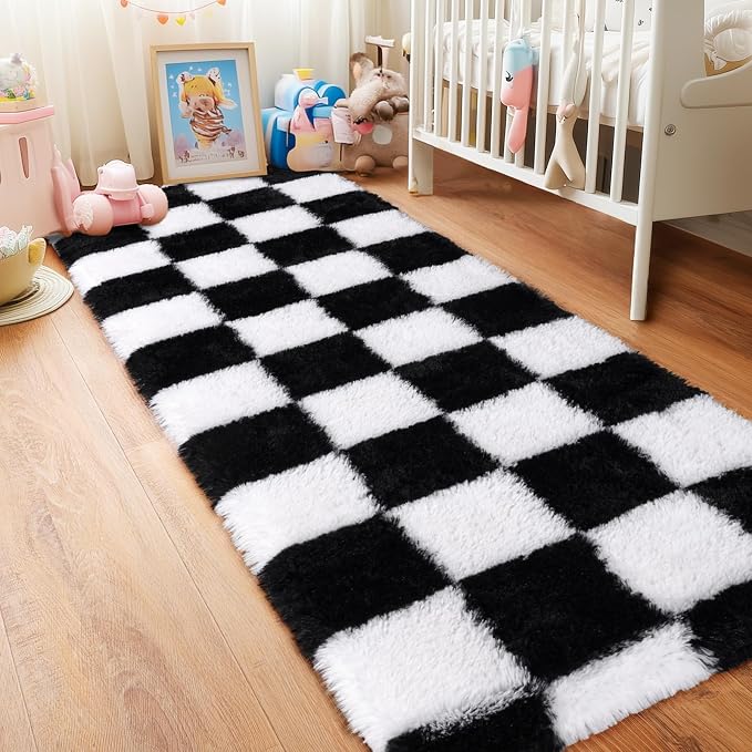 Pionblank Checkered Rug for Bedroom 2x6, Modern Fluffy Runner Rugs for Living Room, Super Soft Shaggy Bedside Carpet for Kids Room Nursery Teens Dorm Decor, Black and White