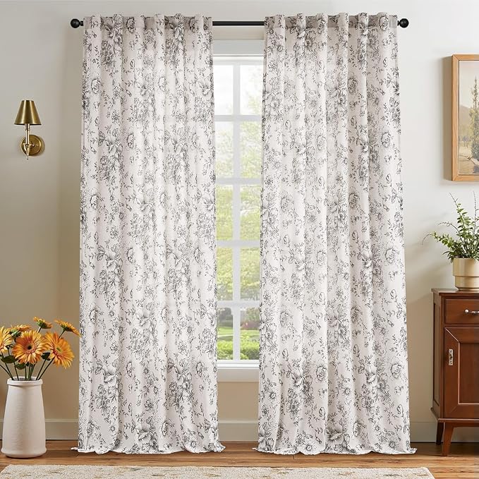 jinchan Black Floral Linen Curtains 96 Inch Farmhouse Back Tab 2 Panels | Light filtering drapes, semi sheer, farmhouse, cottagecore, rustic, living room, bedroom, rod pocket, window treatment