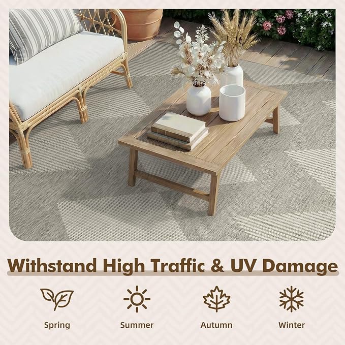 MontVoo-Outdoor Rug-Patio Rug 9x12 Polypropylene Indoor Outdoor Rugs Outdoor Carpet for Patio Deck Balcony Porch, Textured Weave, Durable for High Traffic, Fade-Resistant, Boho Geometric Silver Grey