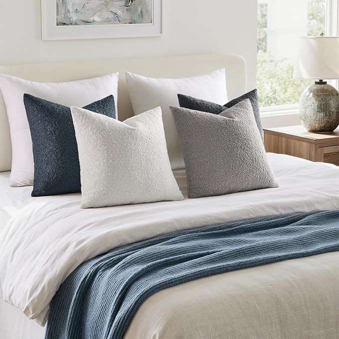 MIULEE Decorative Boucle Throw Pillow Covers 18x18 Blue Gray Set of 4 | Textured Accent Pillow Cases Soft Couch Cushion Covers for Modern Farmhouse Boho Sofa Bed Livingroom Home Decor