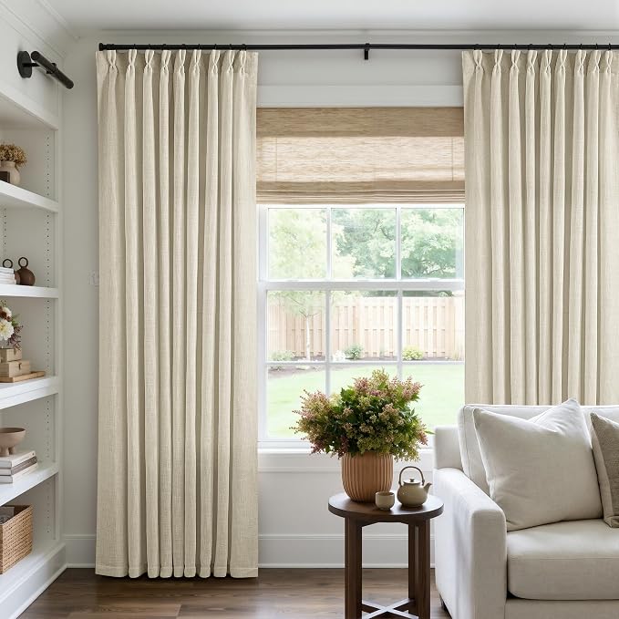 TWODRAPES 60 Inch Width 96 Inches Long Linen Pinch Pleated Curtains 1 Panel | Light Filtering Semi Sheer Privacy, Room Divider, Pinch Pleat Curtains for Sliding Door Dining Bedroom Large Window, W60xL96