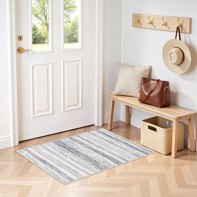 Tortania Area Rug Living Room Rugs - 2x3 Washable Soft Neutral Boho Moroccan Farmhouse Mat Indoor Floor Carpet for Bedroom Hallway Entryway Kitchen Home Office Decor - Grey