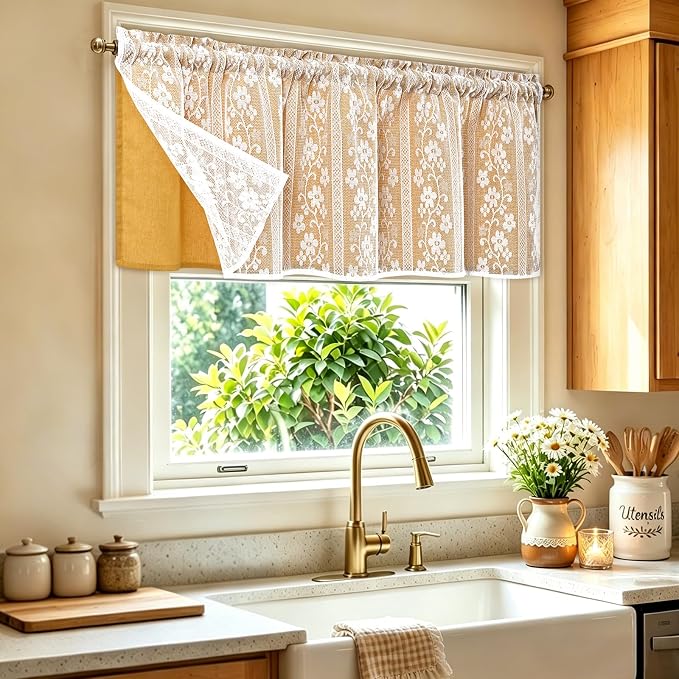 ASPMIZ Linen Valances for Windows Double Layer Valance Curtains with Lace Overlay, Mustard Yellow Kitchen Curtains Light Filtering, Rod Pocket Window Valances for Living Room, Kitchen, Cafe, 52x18