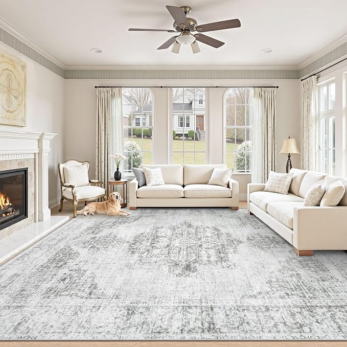 9X12 Area Rugs for Living Room, Washable Rugs Gray Vintage Medallion Non-Slip Soft Low Pile Rug Large Indoor Retro Carpet for Bedroom Dining Room Home Office Nursery Room(Gray,9'x12')