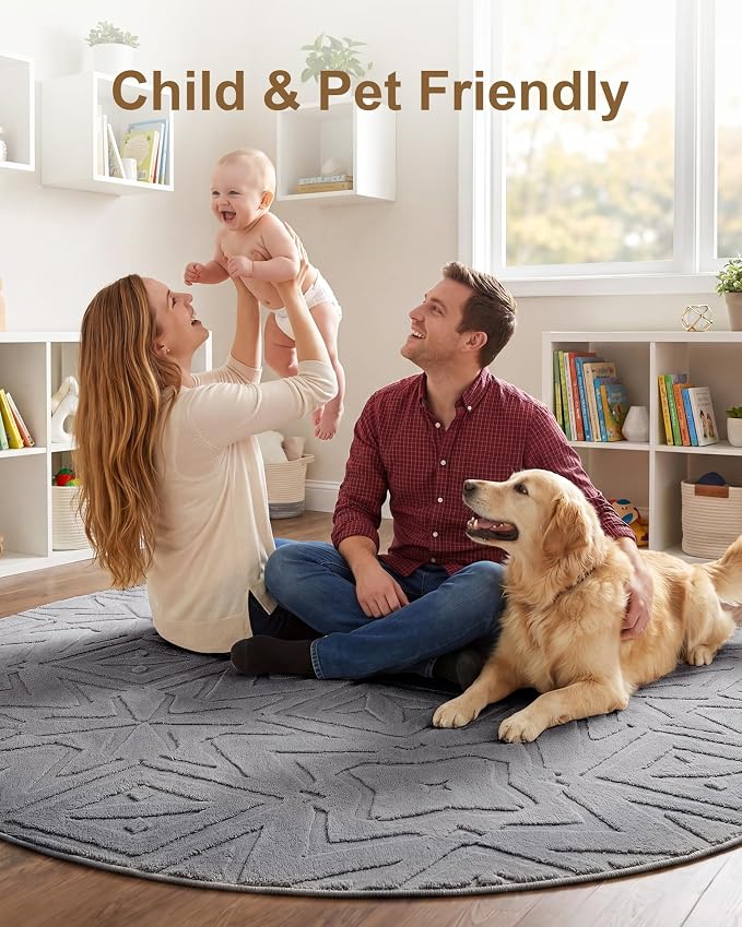 Carvapet 5.2' Round Rug Washable High Low Pile Area Rug Soft Plush Grey Carpet for Living Room Bedroom Non Slip Indoor Floor Rug for Home Kids Nursery Decor