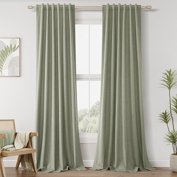 Guken 100% Blackout Linen Curtains 42 Inch Wide by 102 Inch 2 Panels Set for Living Room Bedroom Back Tab Thermal Insulated Black Out Linen Drapes Room Darkening Window Curtains, Sage Green