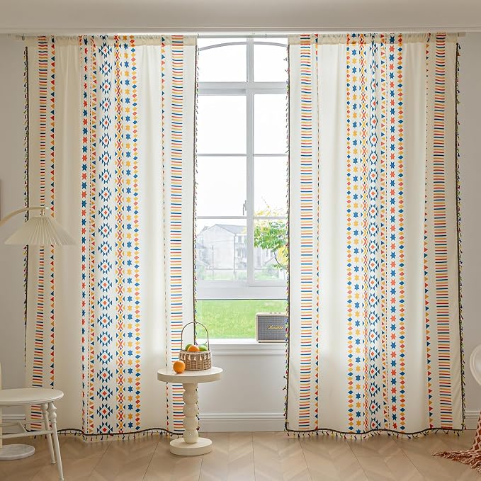 Beige Geometric Curtains 102 Inches Long, Boho Farmhouse Light Filtering Rod Pocket Drapes with Tassel Trim for Bedroom Living Room, 2 Panels
