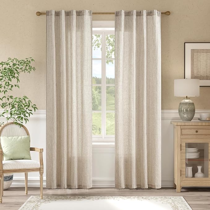 jinchan Linen Curtains 84 Inch Taupe Grey Stripe on Beige Back Tab 2 Panels | Curtains For Living Room Bedroom,Ticking Stripe, Farmhouse Cottage Core Rustic,Rod Pocket Window Treatment,Light Filtering