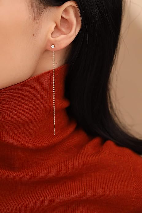 S.Leaf Gold Chain Threader Earrings for Women Trendy 925 Sterling Silver Hypoallergenic Cubic Zirconia Backless Ardant Chain Duster Threader Double Piercing Pull Through Earrings for Women Girls Birthday Gifts