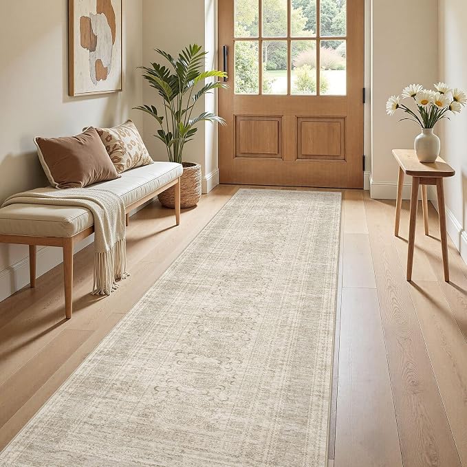 Nakagishi Washable Runner Rug 2x8: Vintage Neutral Non-Slip Entryway Rug for Hallway & Kitchen, Soft Low Pile Floor Carpet for Bedroom - Beige Gray