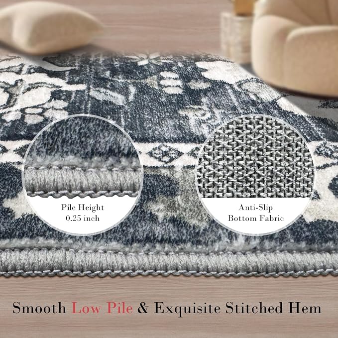 RUGSURE Washable Area Rugs - Perfect for Living Room, Bedroom, Kids Room, Nursery - Stain & Water Resistant Non-Slip, Pet & Child Friendly, Vintage Tribal Area Rugs (Grey, 2'6'' x 8')