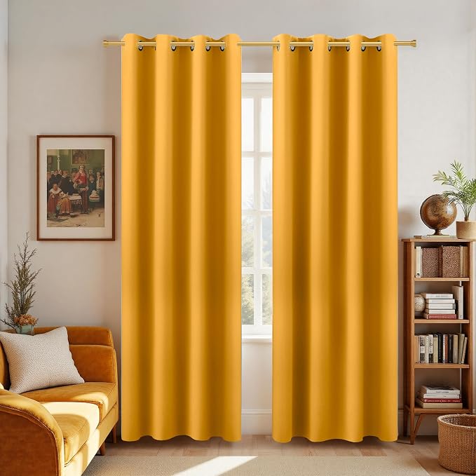 Spring Curtains for Living Room 2 Panels Set Seasonal Color 90 Inches Long Blackout Room Darkening Insulated Thermal Yellow Marigold Curtains for Bedroom Dining Room Decor,52x90 Inch Length,Mustard