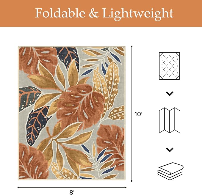 GENIMO 8x10 Outdoor Rug, Washable Quick Dry for Patio, Rust Ochre | Botanical leaf design for backyard; fade resistant chenille with quick-dry non-slip backing for indoor living rooms.