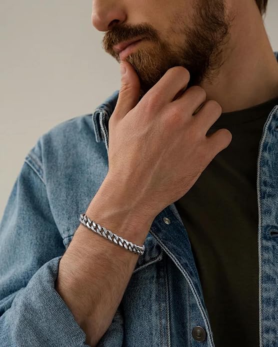 Fiusem Mens Silver Colored Bracelets for Men, Stainless Steel Cuban link Bracelet, 5mm/7mm/8mm Width, 7.1"/7.5"/7.9" Length Jewelry