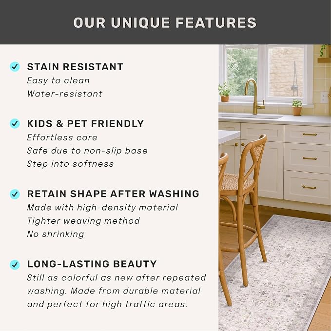 Boho Large Living Room Rug 8x12 - Washable Low Pile Area Rug for Dining Room, Neutral Light Gray & Sage Bedroom Carpet, Distressed Vintage Floral Design, Low Pile Stain Resistant
